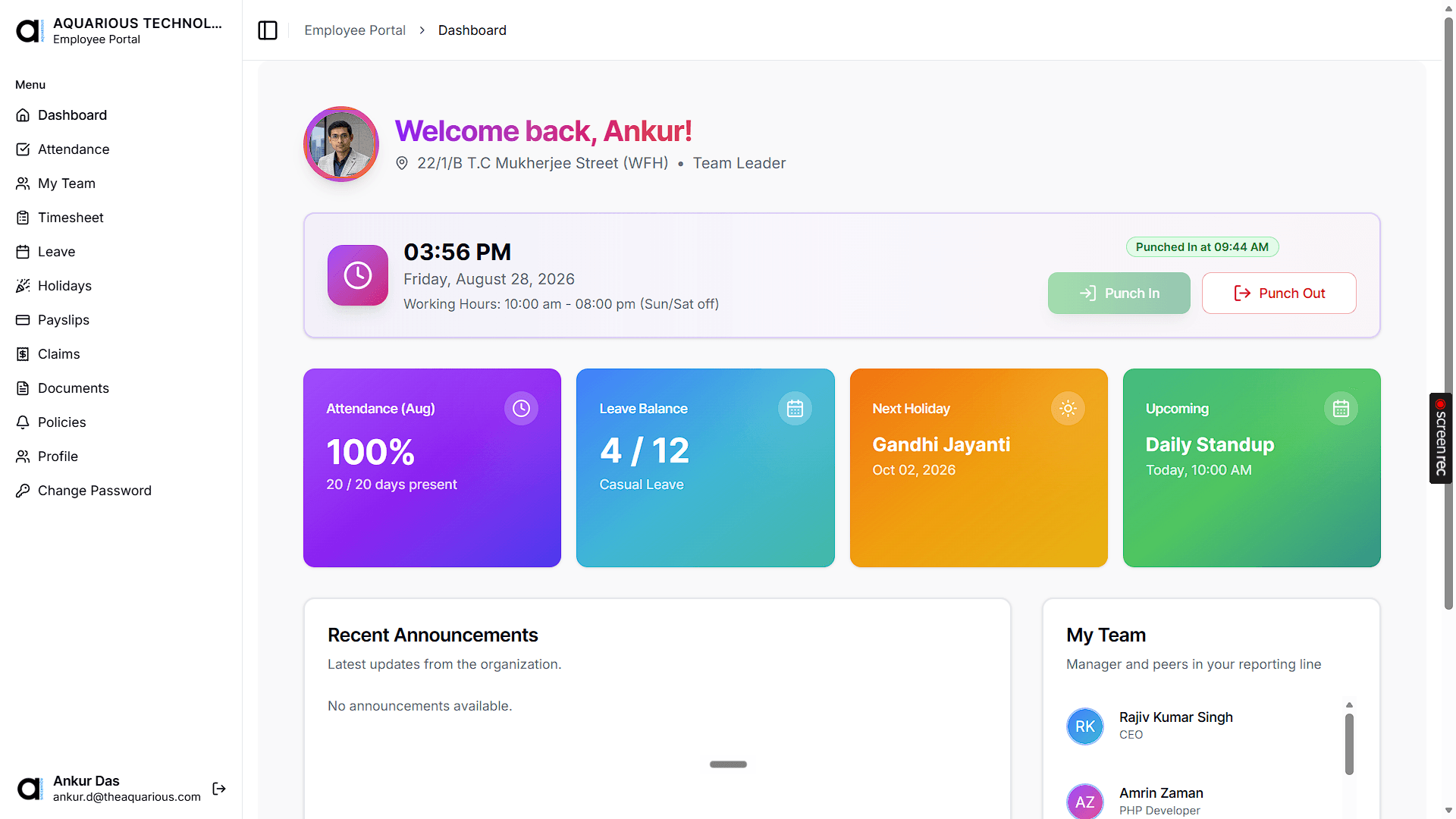 Aqua HRMS employee portal dashboard with attendance, leave and team updates