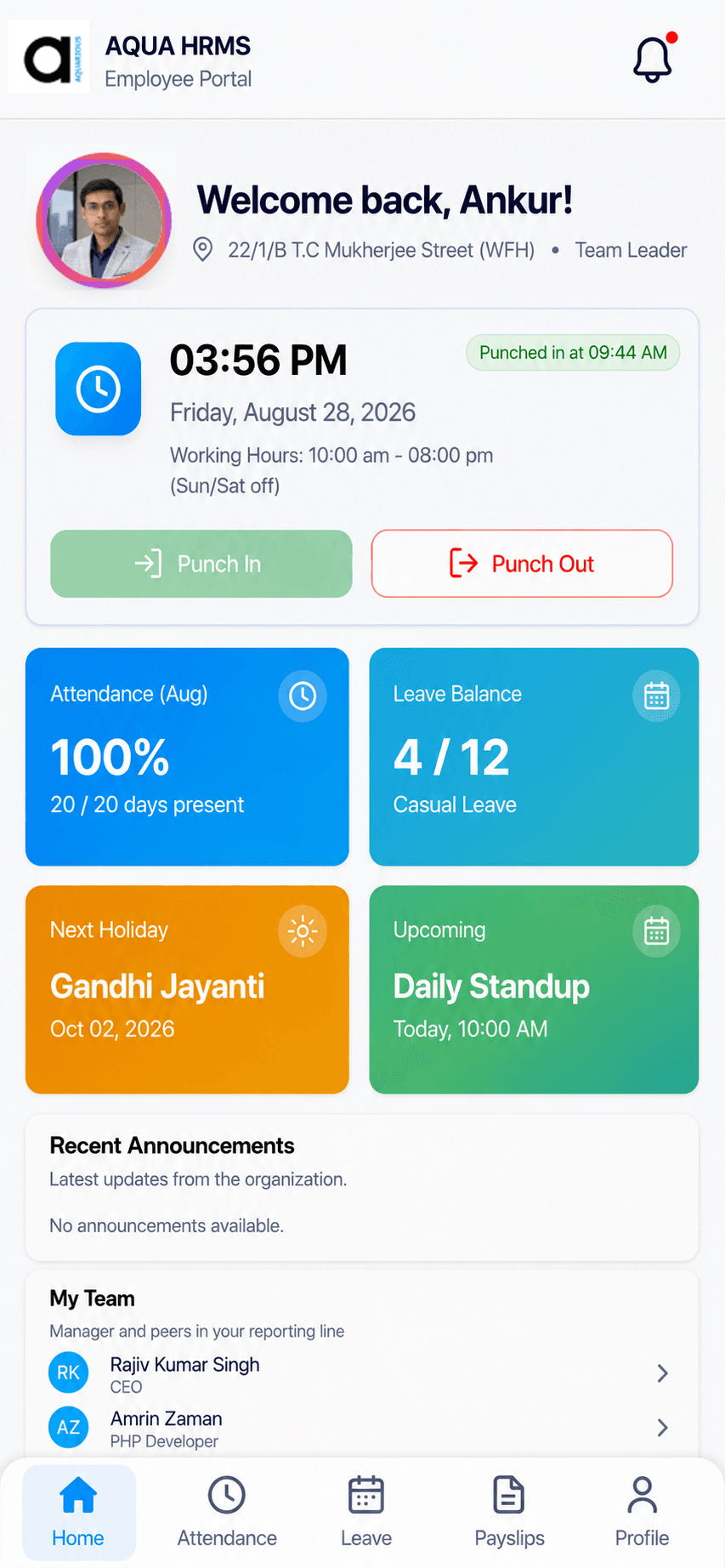 Aqua HRMS employee mobile app dashboard with attendance, leave, holidays and payslips